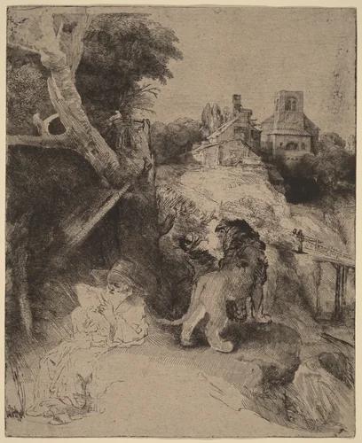 Saint Jerome Reading in an Italian Landscape by Rembrandt van Rijn, print, 1653