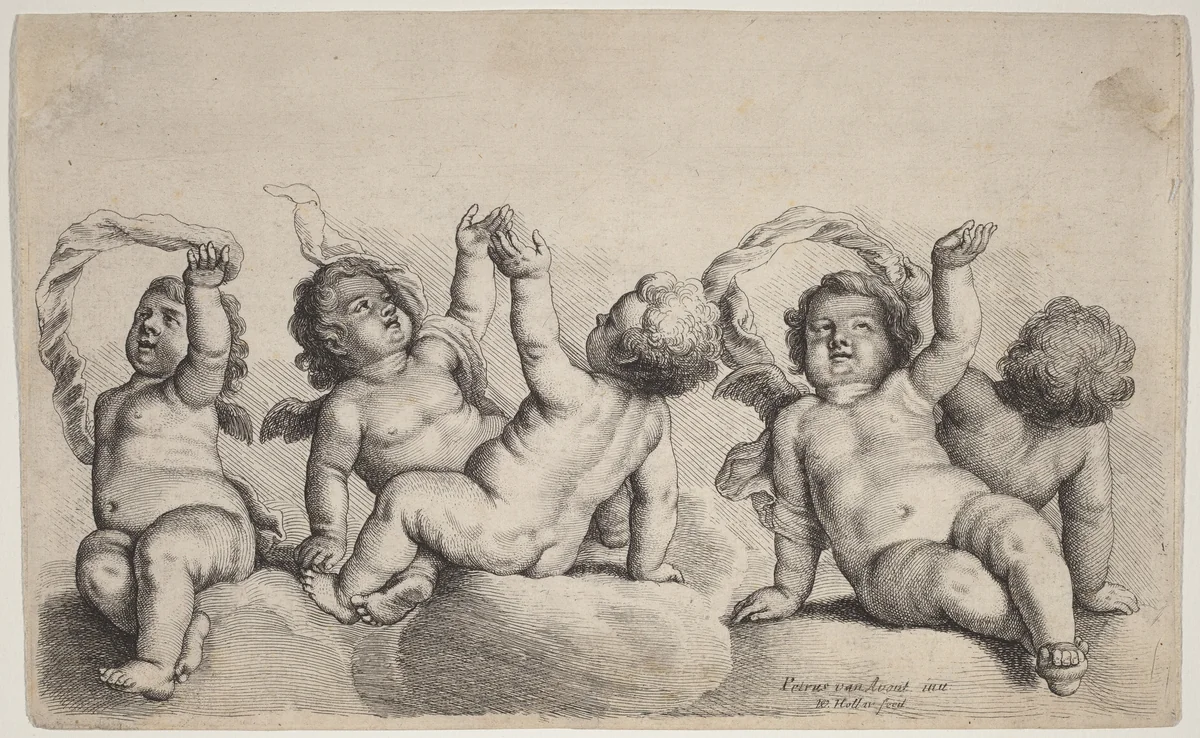 Three Cherubs and Two Boys Each Raising One Arm on Clouds by Wenceslaus Hollar, Peeter van Avont, print, 1646