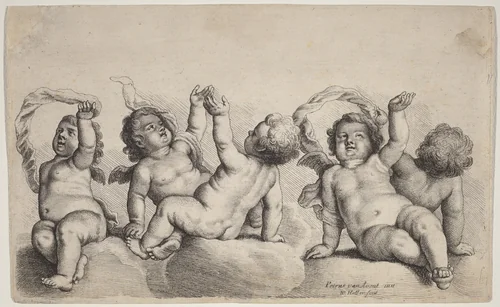 Three Cherubs and Two Boys Each Raising One Arm on Clouds by Wenceslaus Hollar, Peeter van Avont, print, 1646