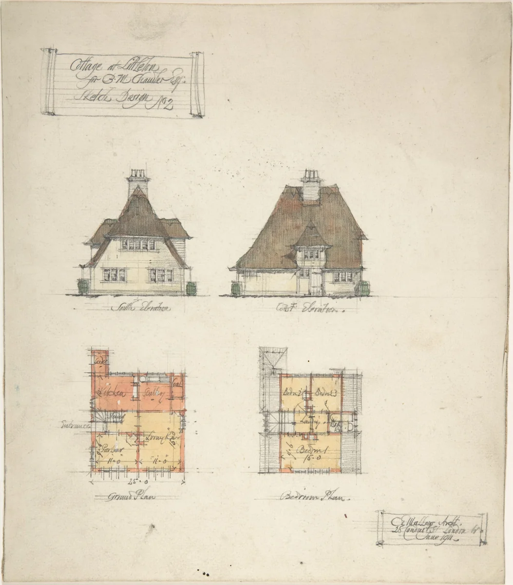 Cottage at Littleton for B.M. Chamber Esq. by Charles Edward Mallows, drawing, 1911