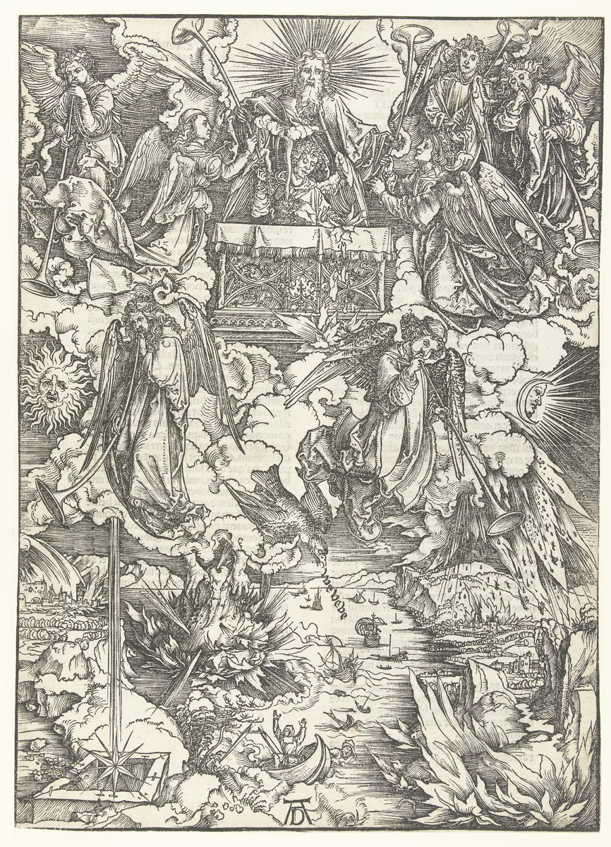 De zeven engelen met de bazuinen by Unknown, print, 1496-1497