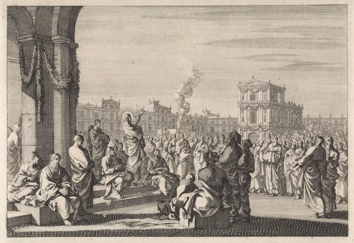Preek van Christus voor de tempel by Jan Luyken, print, 1700