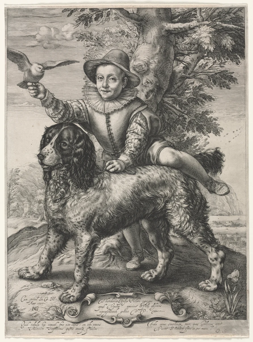 Portrait of Frederick de Vries and His Dog by Hendrick Goltzius, print, 1597