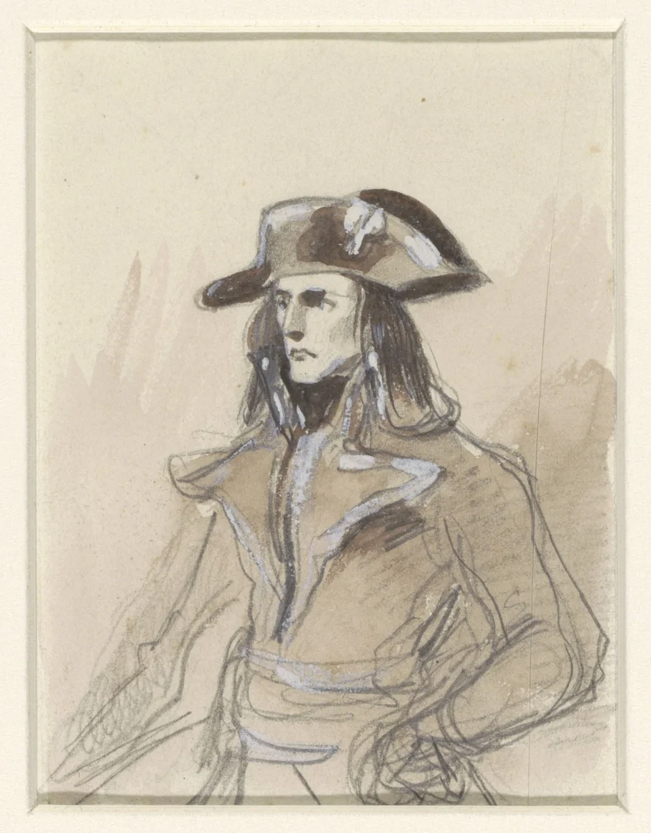 Portret van Napoleon, kniestuk, staand, driekwart naar links by Denis Auguste Marie Raffet, drawing, 1814-1860