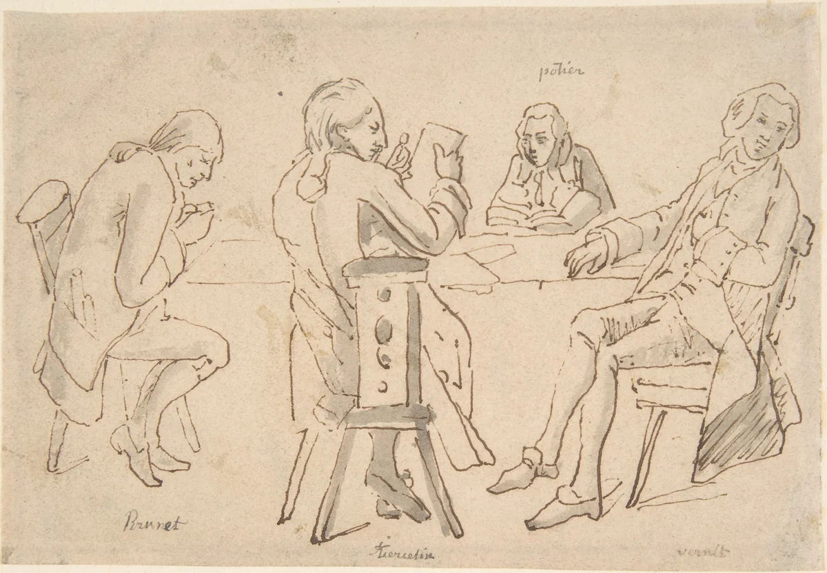 Four Artists seated at a table (Brunet, Potier, Tiercetin [?], Vernet) by Antoine Charles Horace Vernet, drawing, 1770-1836