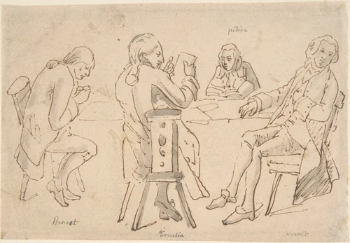 Four Artists seated at a table (Brunet, Potier, Tiercetin [?], Vernet) by Antoine Charles Horace Vernet, drawing, 1770-1836
