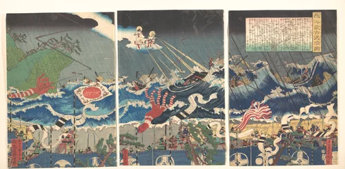 Defeat of the Mongols in the Western Sea by Utagawa Sadahide, print, 1863