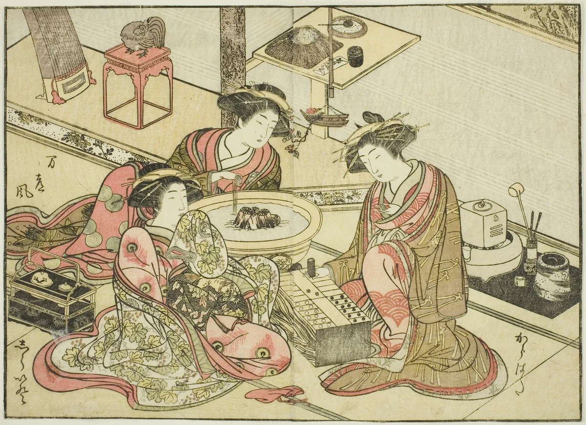 Courtesans of the Yamashiroya, from the book "Mirror of Beautiful Women of the Pleasure Quarters (Seiro bijin awase sugata kagami)," vol. 2 by Katsukawa Shunsho (勝川 春章), print, 1776