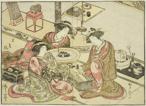 Courtesans of the Yamashiroya, from the book "Mirror of Beautiful Women of the Pleasure Quarters (Seiro bijin awase sugata kagami)," vol. 2 by Katsukawa Shunsho (勝川 春章), print, 1776
