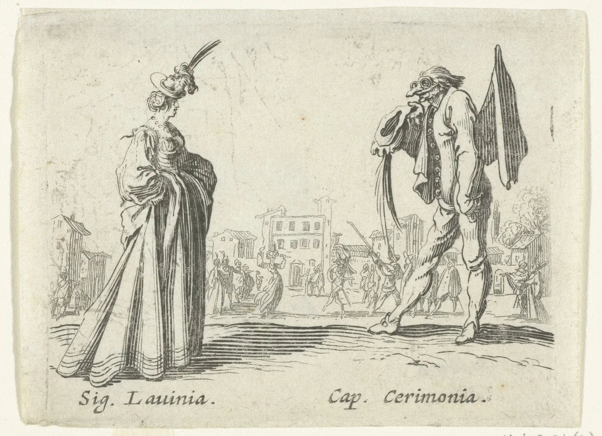 Twee straatartiesten als Signora Lavinia en Capitano Cerimonia by anonymous, print, 1622-1670