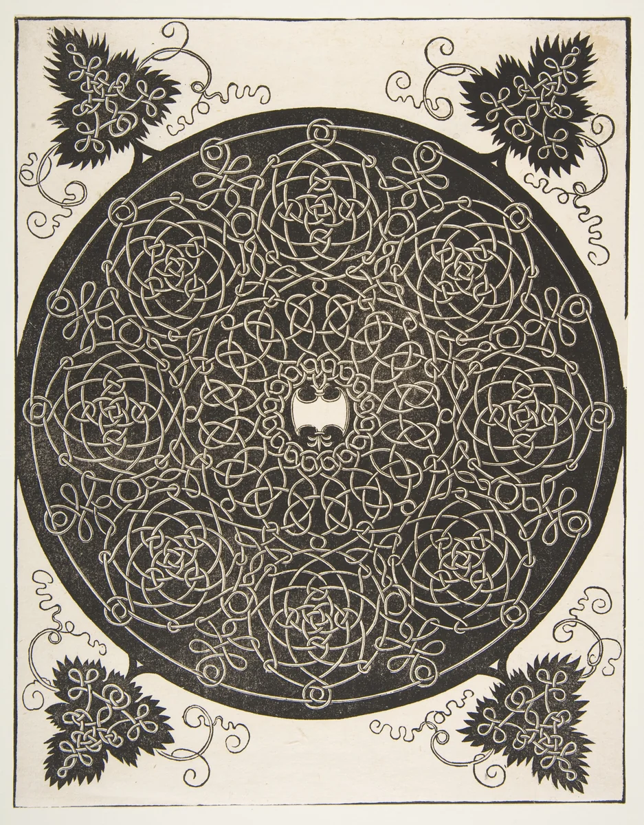 “The Third Knot”. Interlaced Roundel with Eight Wreaths and a Scalloped Shield in its Center by Albrecht Dürer, print, 1500-1521