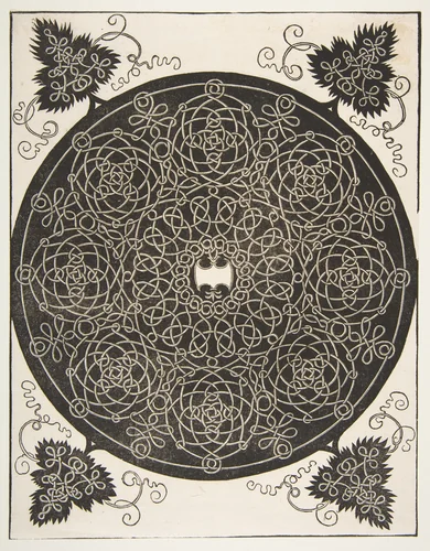 “The Third Knot”. Interlaced Roundel with Eight Wreaths and a Scalloped Shield in its Center by Albrecht Dürer, print, 1500-1521