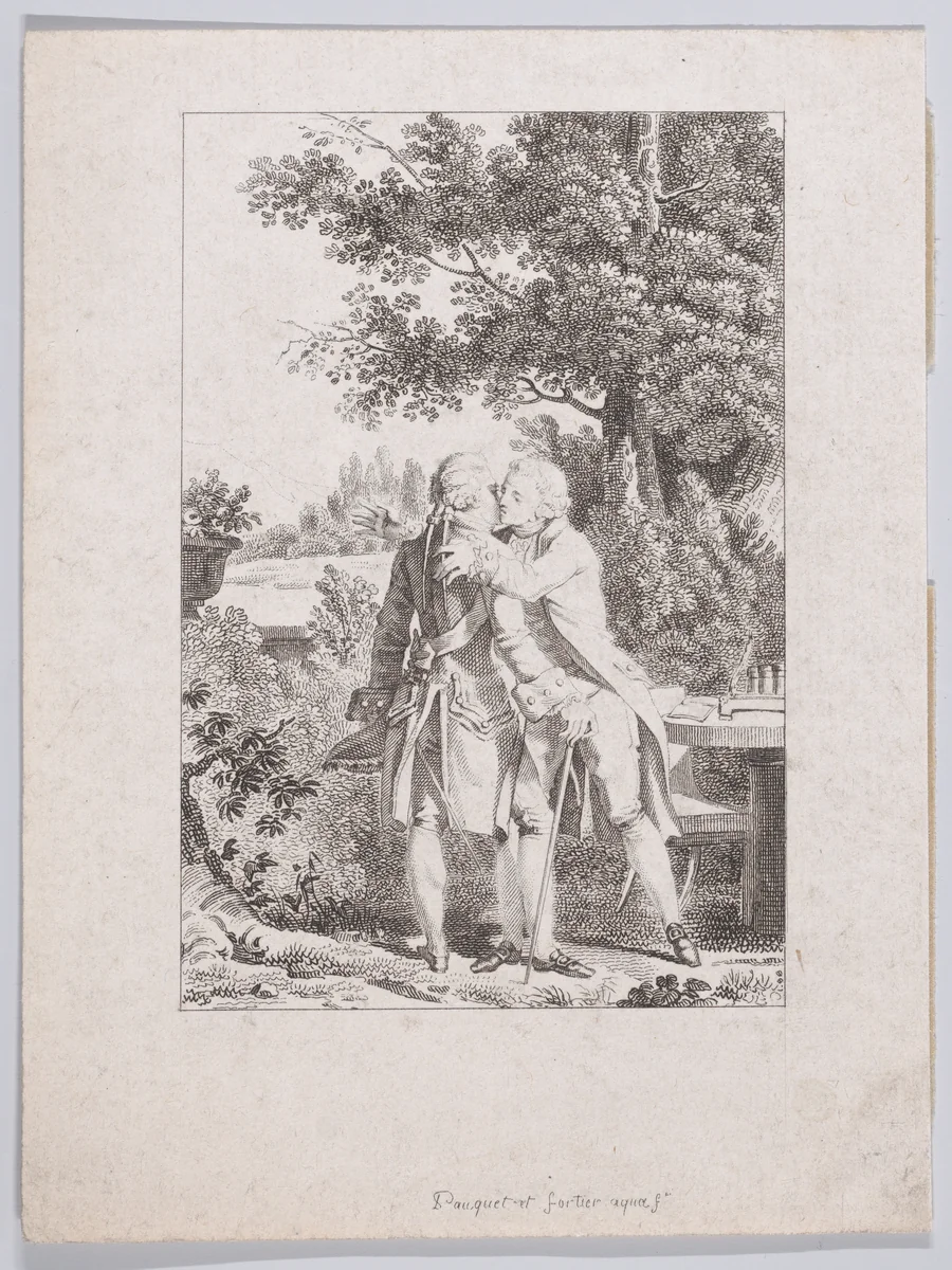 C’est dans un de ces transports d’attendrissement que je dis à M. de Luxembourg en l’embrassant (I said this to M. de Luxembourg as I embraced him during a moment of tenderness), from J. J. Rousseau's "Confessions" by Charles Abraham Chasselat, print, 1790-1825