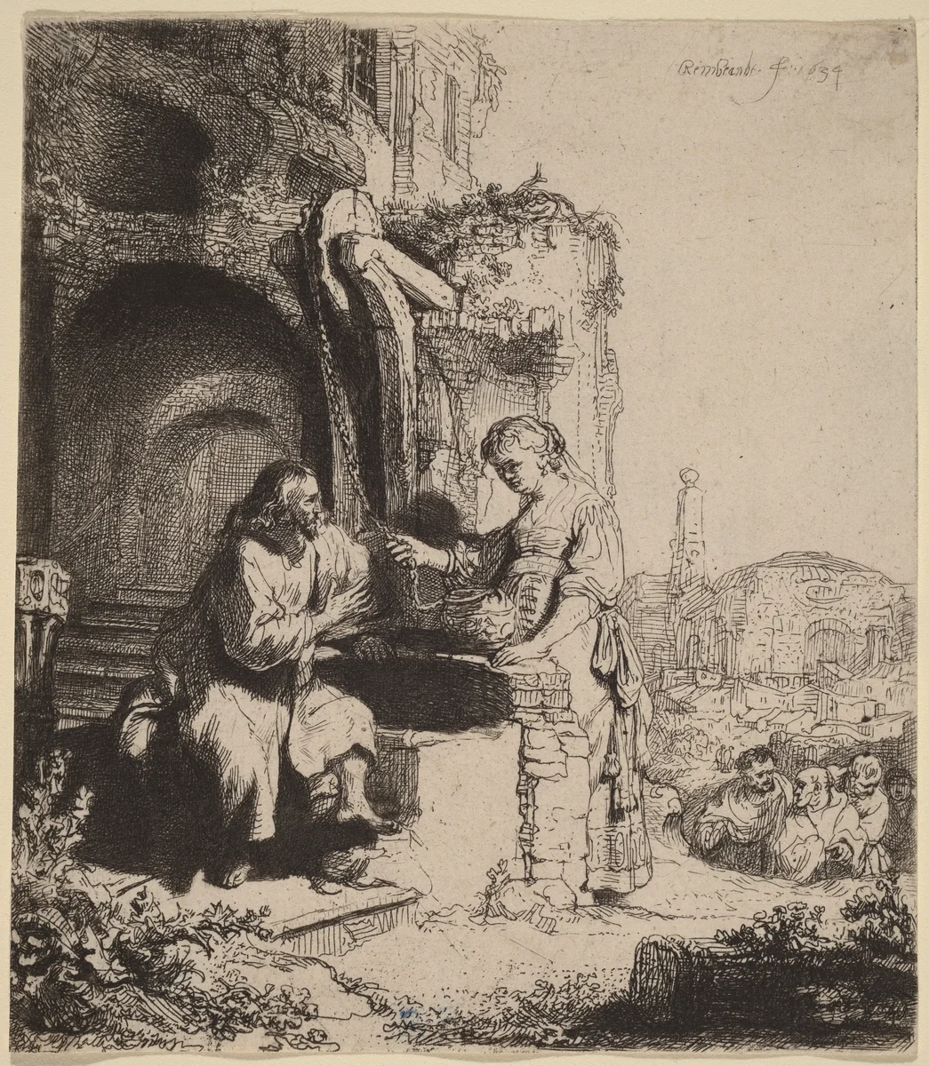 Christ and the Woman of Samaria Among Ruins by Rembrandt van Rijn, print, 1634
