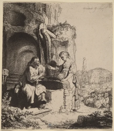 Christ and the Woman of Samaria Among Ruins by Rembrandt van Rijn, print, 1634