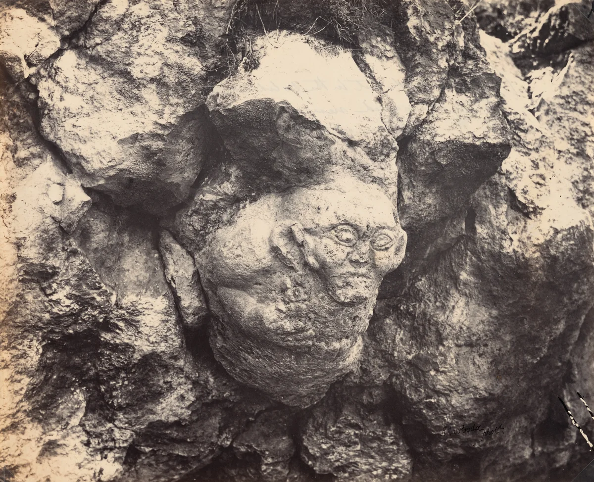 Gigantic Head Cut in the Solid Rock, Lately Discovered near Smyrna at the Entrance of a Cave by Alexander Svoboda, photograph, 1866