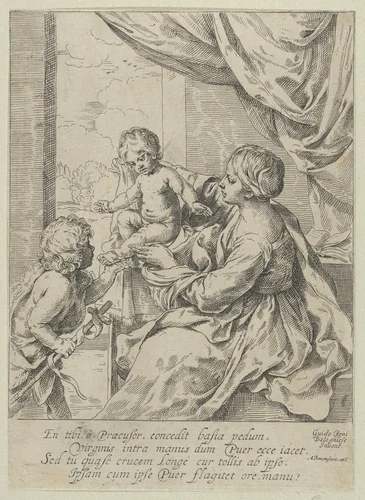 The Virgin and Child at a table with the young John the Baptist, after Reni by anonymous, print, 1595-1645