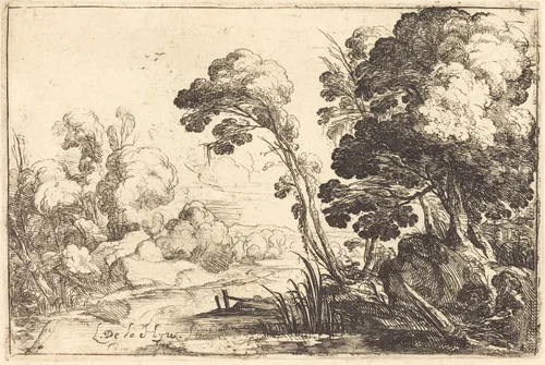 Wooded Landscape with a River by Laurent de La Hyre, print, 1640