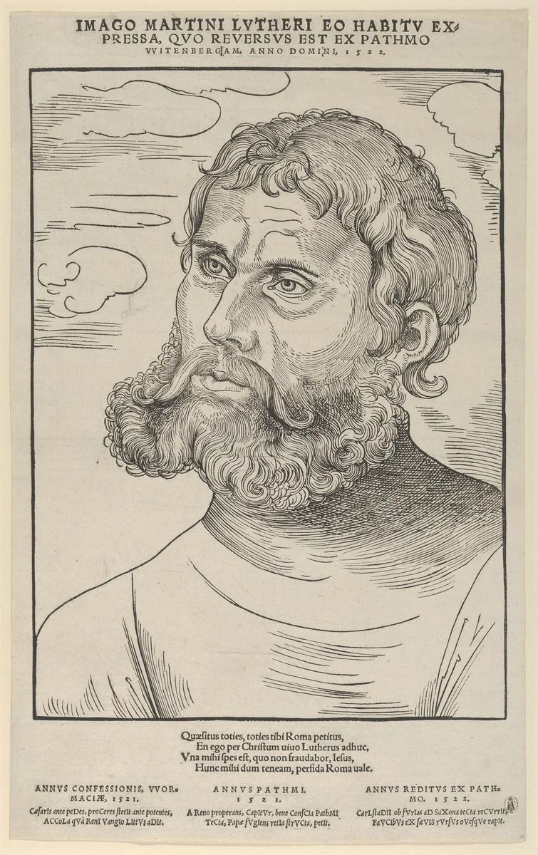 Luther as 'Junker Jorg' by Lucas Cranach, print, 1522
