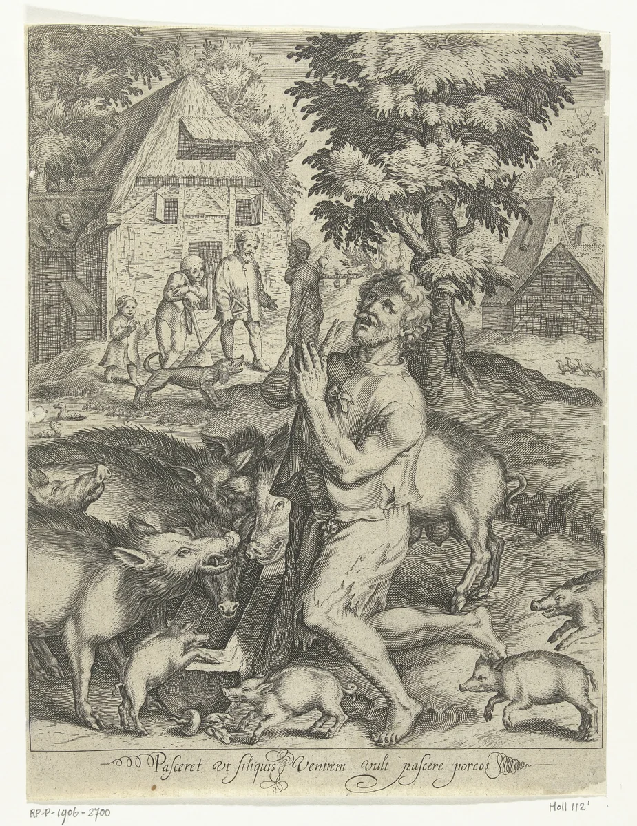 De verloren zoon als varkenshoeder by Nicolaes de Bruyn, print, 1581-1656