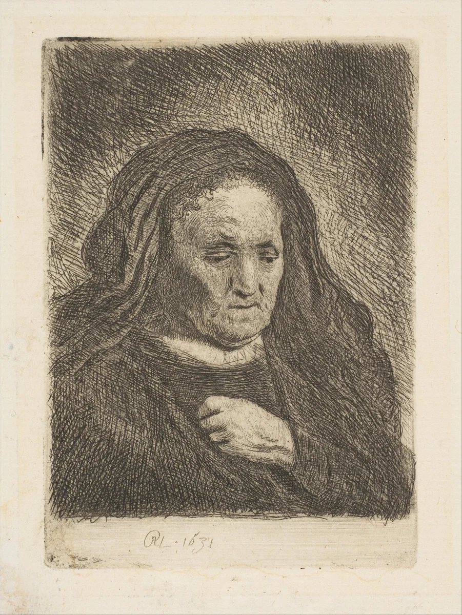 The Artist's Mother with Her Hand on Her Chest by Rembrandt van Rijn, print, 1631