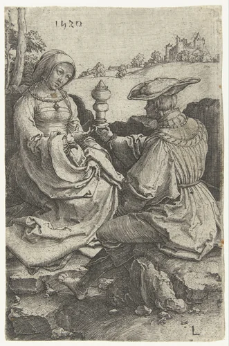 Heer en dame gezeten in een landschap by Unknown, print, 1520