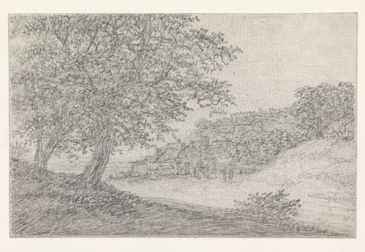 Weg tussen heuvels, rechts een dorp by Georges Michel, drawing, 1773-1843