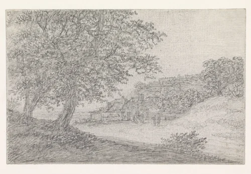 Weg tussen heuvels, rechts een dorp by Georges Michel, drawing, 1773-1843