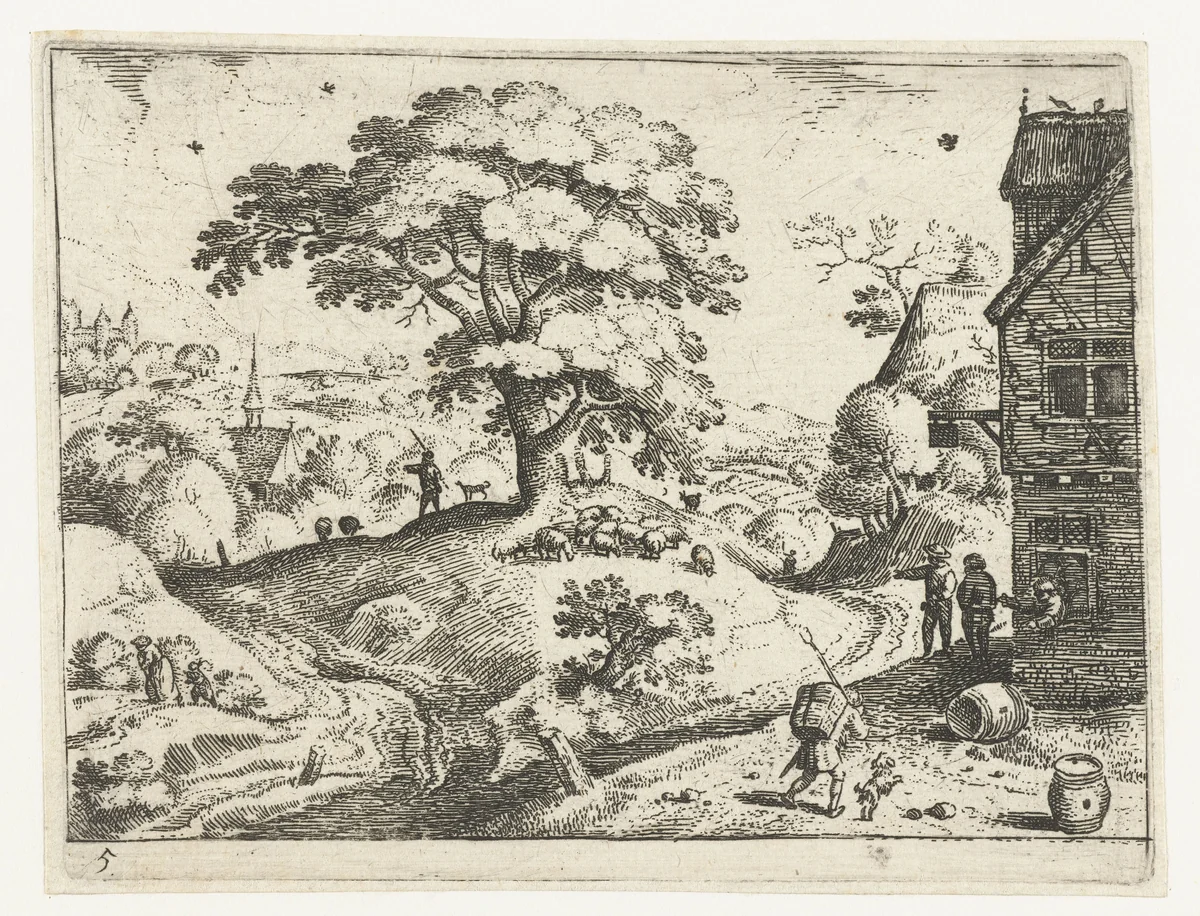 Landschap met reiziger bij herberg by Jacob Savery, print, 1584-1603