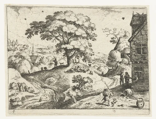 Landschap met reiziger bij herberg by Jacob Savery, print, 1584-1603
