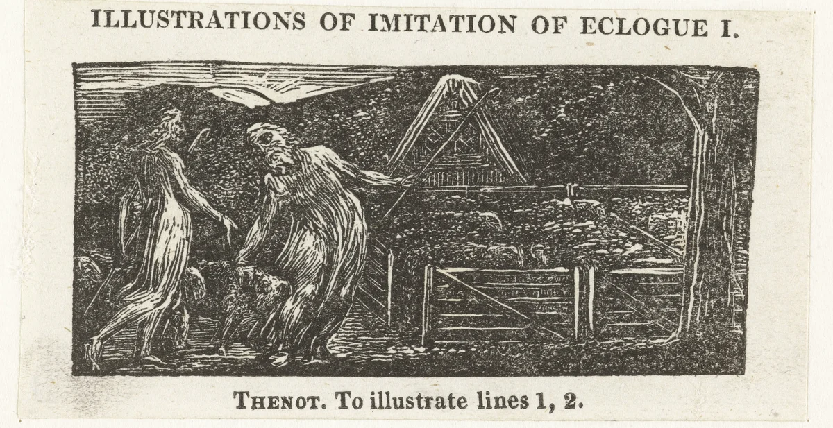 Thenot en Colinet hoeden samen hun schapen by William Blake, print, 1820-1821