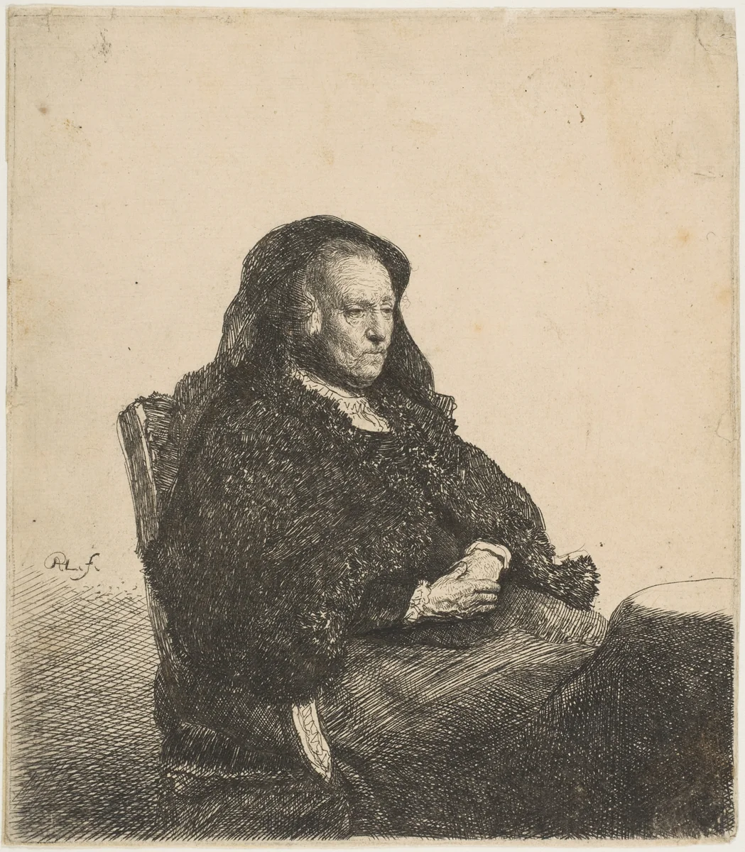 The Artist's Mother Seated at a Table Looking Right: Three-Quarter Length by Rembrandt van Rijn, print, 1626-1636