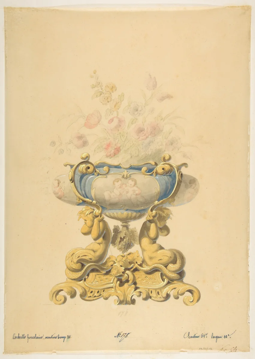 Design for a Porcelain Flower Bowl with Bronze Mount by anonymous, drawing, 1800-1899