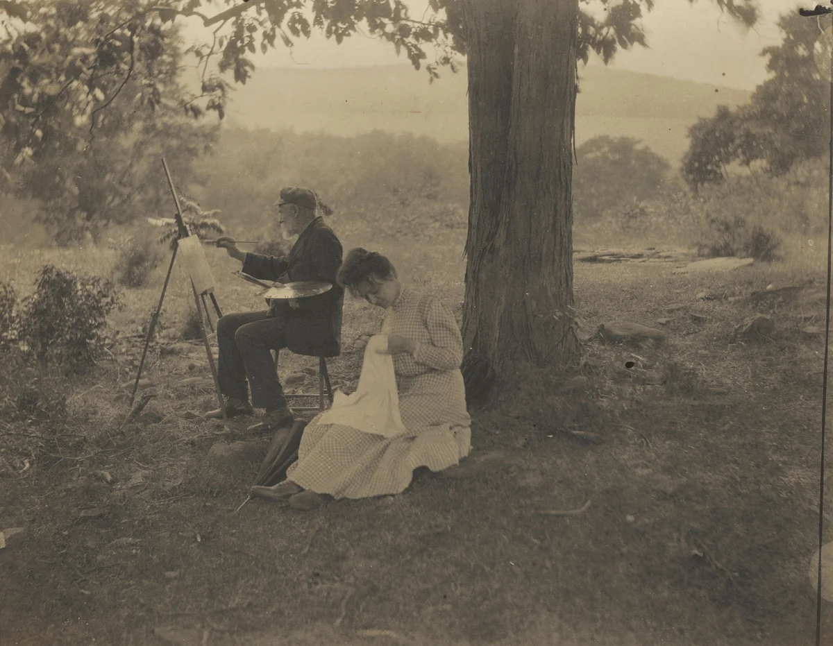 Woman Sewing, Man Painting by Jean Bernard, photograph, 1900