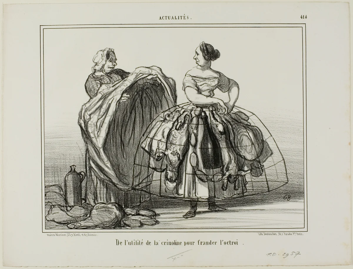 The usefulness of the crinoline when cheating the customs, plate 414 from Actualités by Honoré-Victorin Daumier, print, 1857