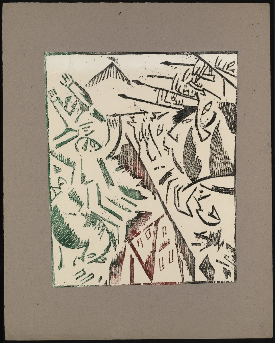 Bitva v gorod (Combat in the City) from Voina (War) by Olga Rozanova, illustrated book, 1915