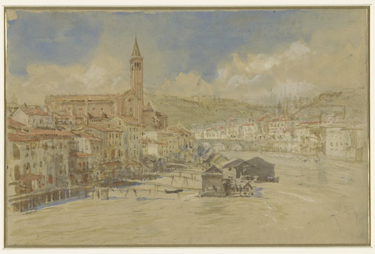 Gezicht op S. Anastasia te Verona, over de Adige by John Ruskin, drawing, 1829-1900