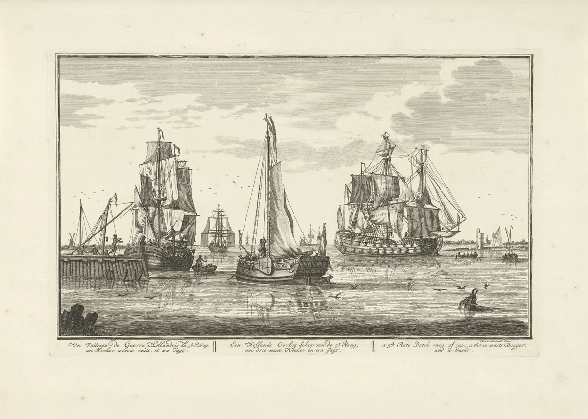Uitvarende schepen by Adolf van der Laan, print, 1728-1761