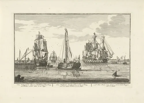 Uitvarende schepen by Adolf van der Laan, print, 1728-1761