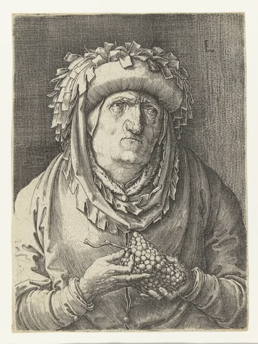 Oude man met druiventros by Unknown, print, 1521-1525