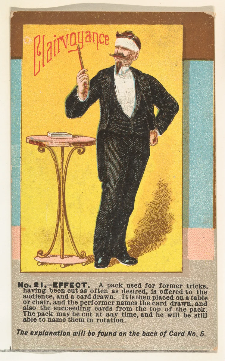 Number 21, Clairvoyance, from the Tricks with Cards series (N138) issued by W. Duke, Sons & Co. to promote Honest Long Cut Tobacco by W. Duke, Sons & Co., print, 1887