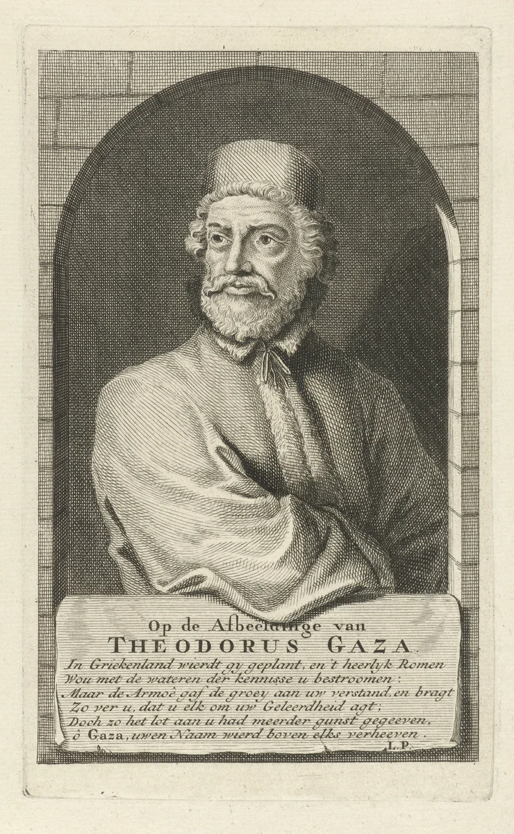 Portret van Theodorus Gaza by Adolf van der Laan, print, 1694-1755