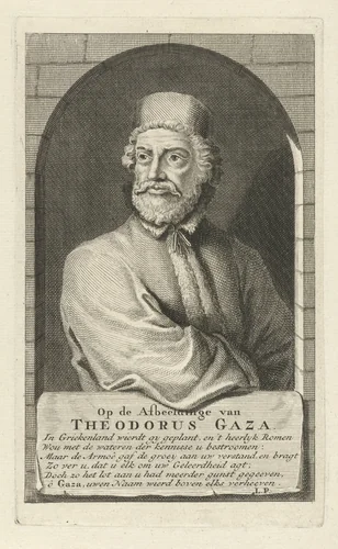 Portret van Theodorus Gaza by Adolf van der Laan, print, 1694-1755