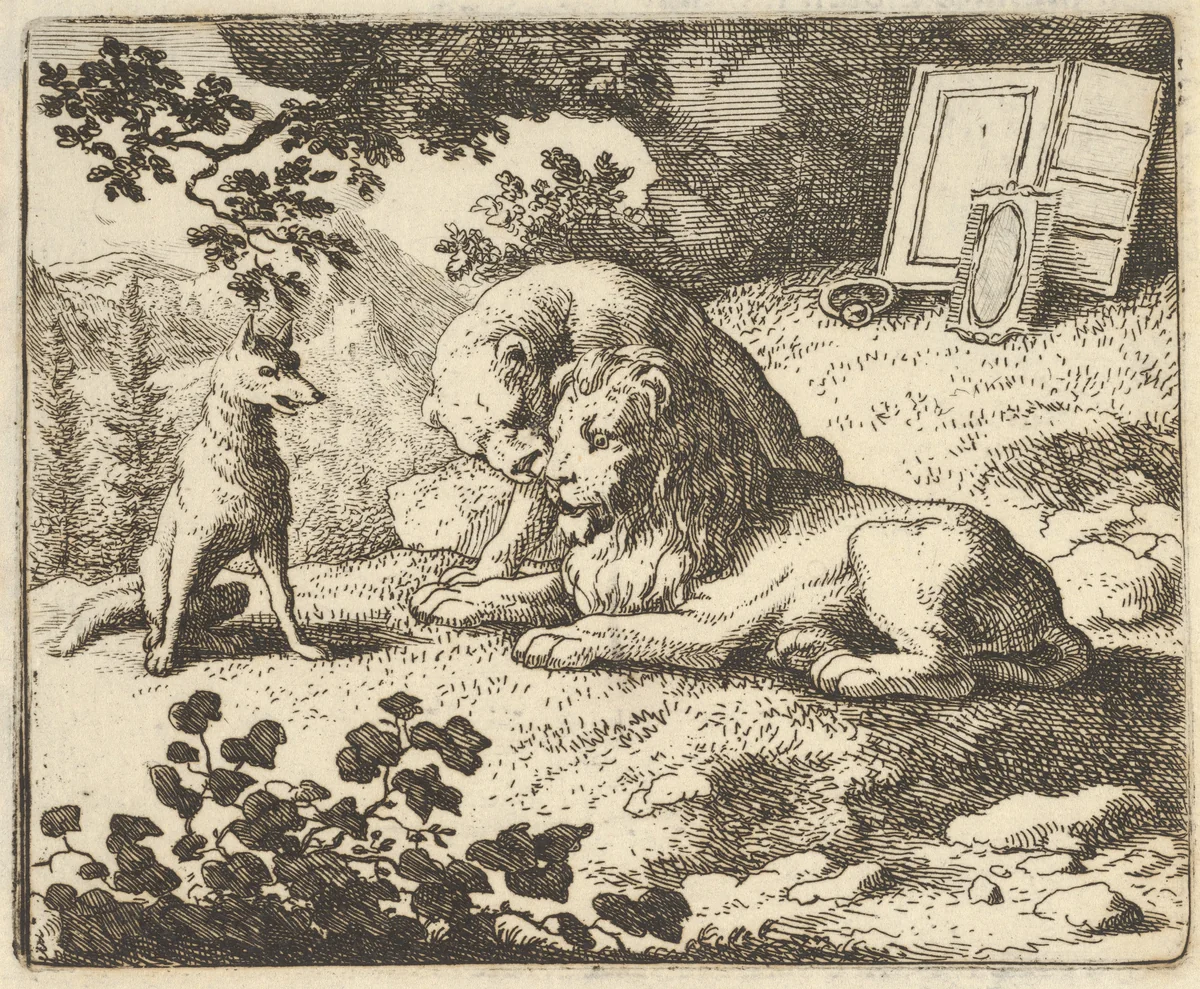 Renard Lies that he Gave the Ram Various Precious Objects that Were Meant for the Lion and Lioness from Hendrick van Alcmar's Renard The Fox by Allart van Everdingen, print, 1650-1675