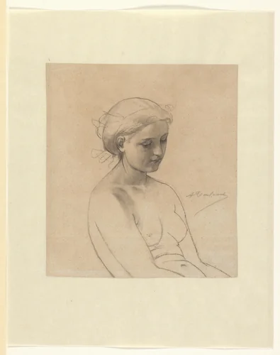 Zittend vrouwelijk naakt, in driekwart naar rechts, ten halven lijve by Auguste Toulmouche, drawing, 1839-1890