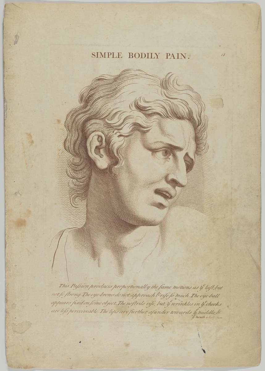 Simple Bodily Pain, plate 12 from "Heads Representing the Various Passions of the Soul; as they are Expressed in the Human Countenance: Drawn by that Great Master Monsieur Le Brun" by anonymous, print, 1765-1800