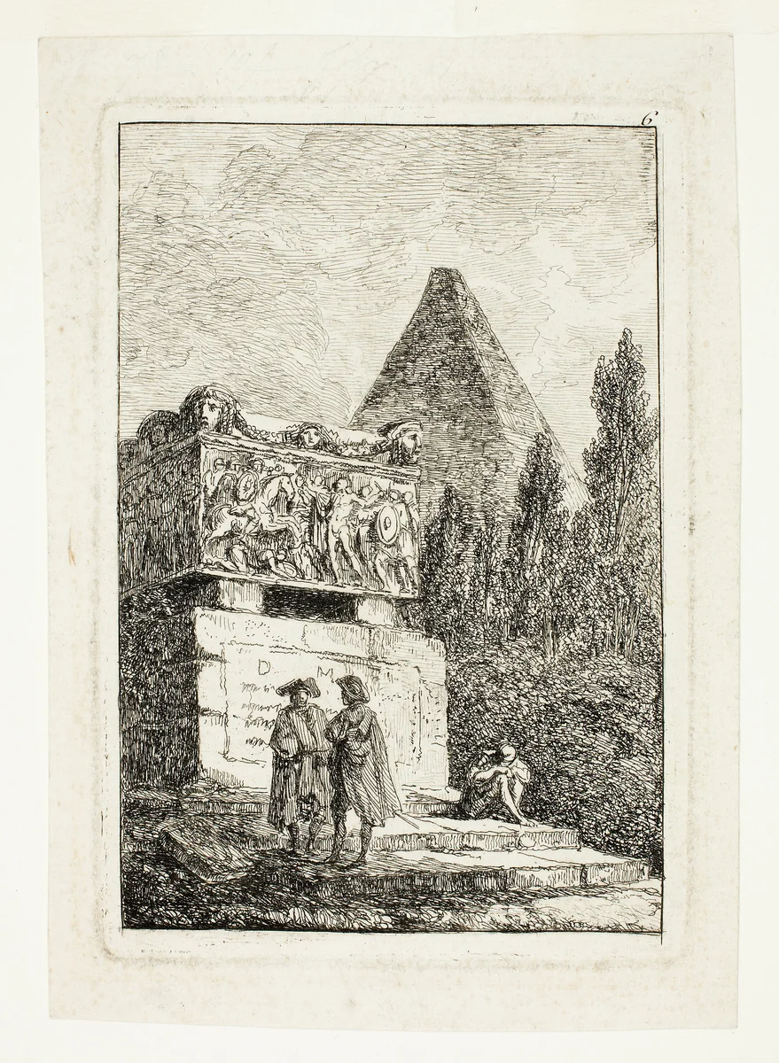 Landscape with Pyramid and Sarcophagus, plate six from Les Soirées de Rome by Hubert Robert, print, 1763-1764
