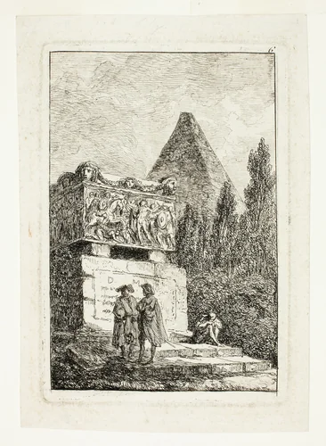 Landscape with Pyramid and Sarcophagus, plate six from Les Soirées de Rome by Hubert Robert, print, 1763-1764