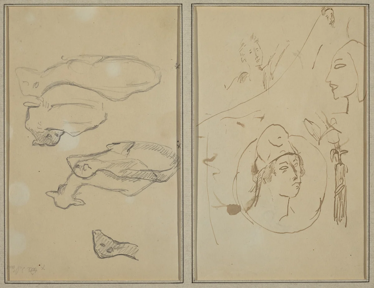 Five Sheep; Four Head Studies [verso] by Paul Gauguin, drawing, 1884-1888