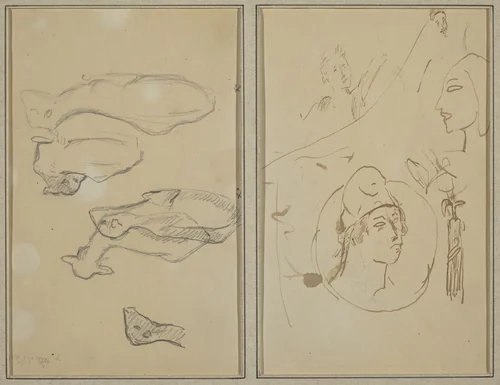 Five Sheep; Four Head Studies [verso] by Paul Gauguin, drawing, 1884-1888
